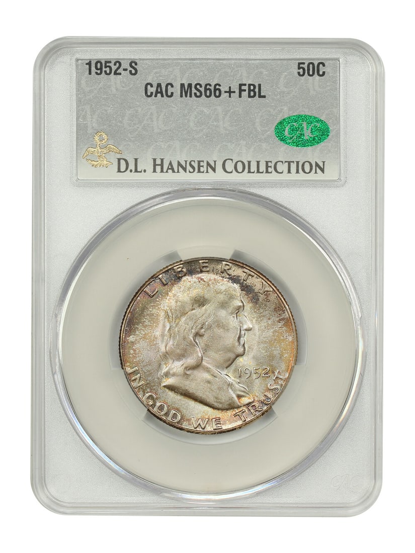 CACG MS66+ FBL 1952-S Franklin Half Dollar 50C ex D.L. Hansen: CACG MS66+ FBL 1952-S Franklin Half Dollar 50C ex D.L. Hansen 1952-S Franklin Half Dollar certified by CACG and graded MS66+ with Full Bell Lines. The coin is an uncirculated 50C issue from the San Fr