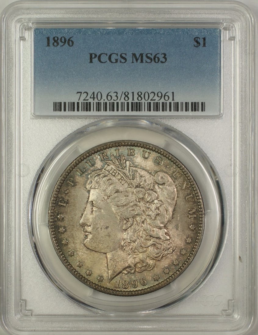 PCGS MS 63 1896 Morgan Dollar Silver Coin with Toning Philadelphia Mint: PCGS MS 63 1896 Morgan Dollar Silver Coin with Toning Philadelphia Mint This is an 1896 Morgan Silver Dollar $1 coin, graded MS-63 by PCGS. The coin is uncirculated and features toning. It was minted 