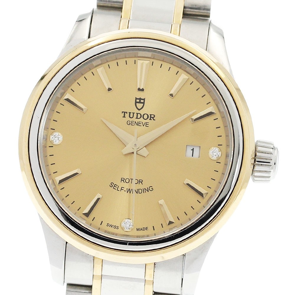 TUDOR 12103 automatic womens wristwatch with 3P diamond date style: TUDOR 12103 automatic womens wristwatch with 3P diamond date style Pre-owned TUDOR Style Date automatic wristwatch for women with a 3P diamond design. Specifications Brand: TUDOR Model: Style Date Ref