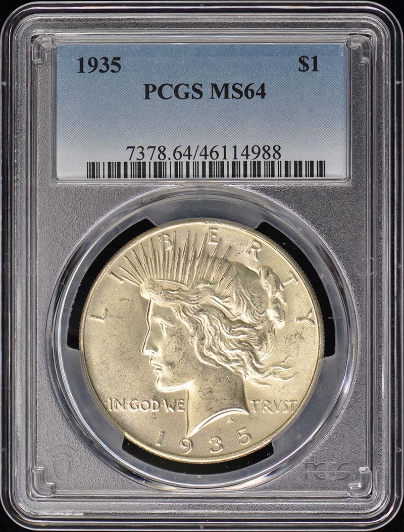 1935 $1 Peace Dollar PCGS MS64 Uncirculated Coin: 1935 $1 Peace Dollar PCGS MS64 Uncirculated Coin This 1935 Peace Dollar, certified by PCGS with a grade of MS64, is a stunning uncirculated coin from the Philadelphia mint. It features the iconic desi