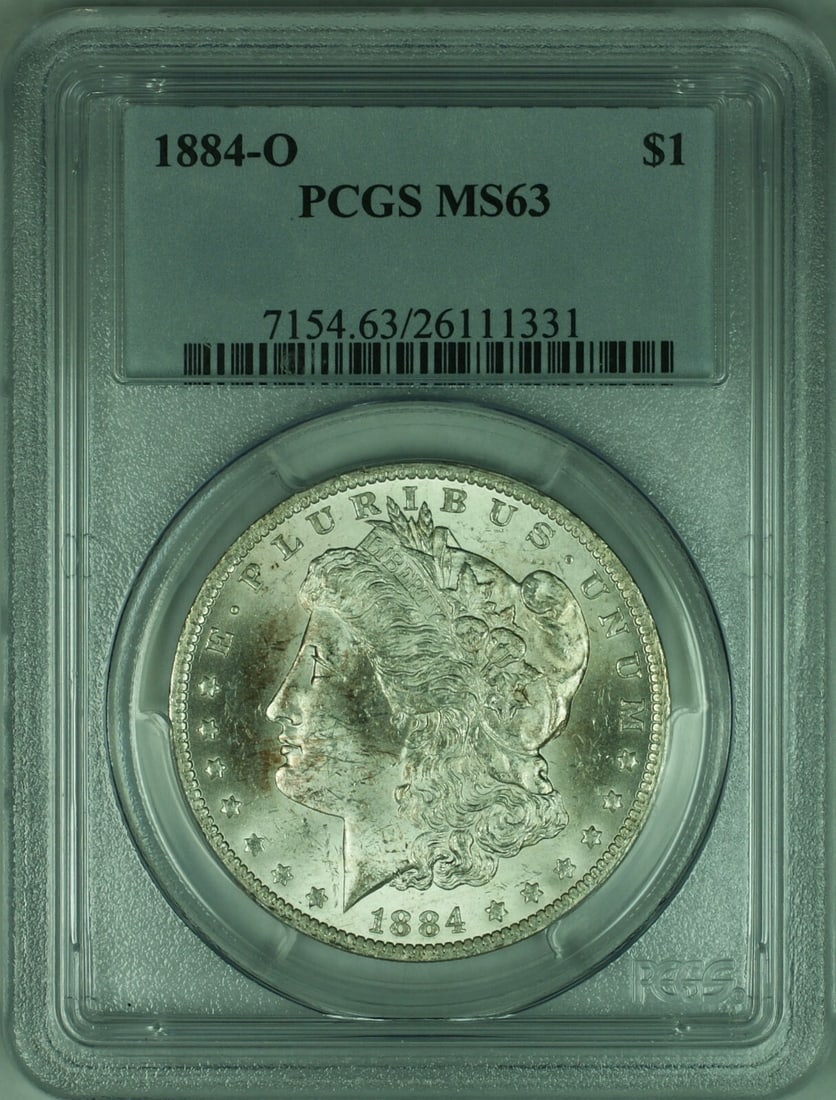 PCGS MS63 1884-O $1 Morgan Silver Dollar New Orleans Mint Coin: PCGS MS63 1884-O $1 Morgan Silver Dollar New Orleans Mint Coin This is a pre-owned 1884-O Morgan Silver Dollar coin, certified by PCGS with a grade of MS63. Minted in New Orleans, this uncirculated co