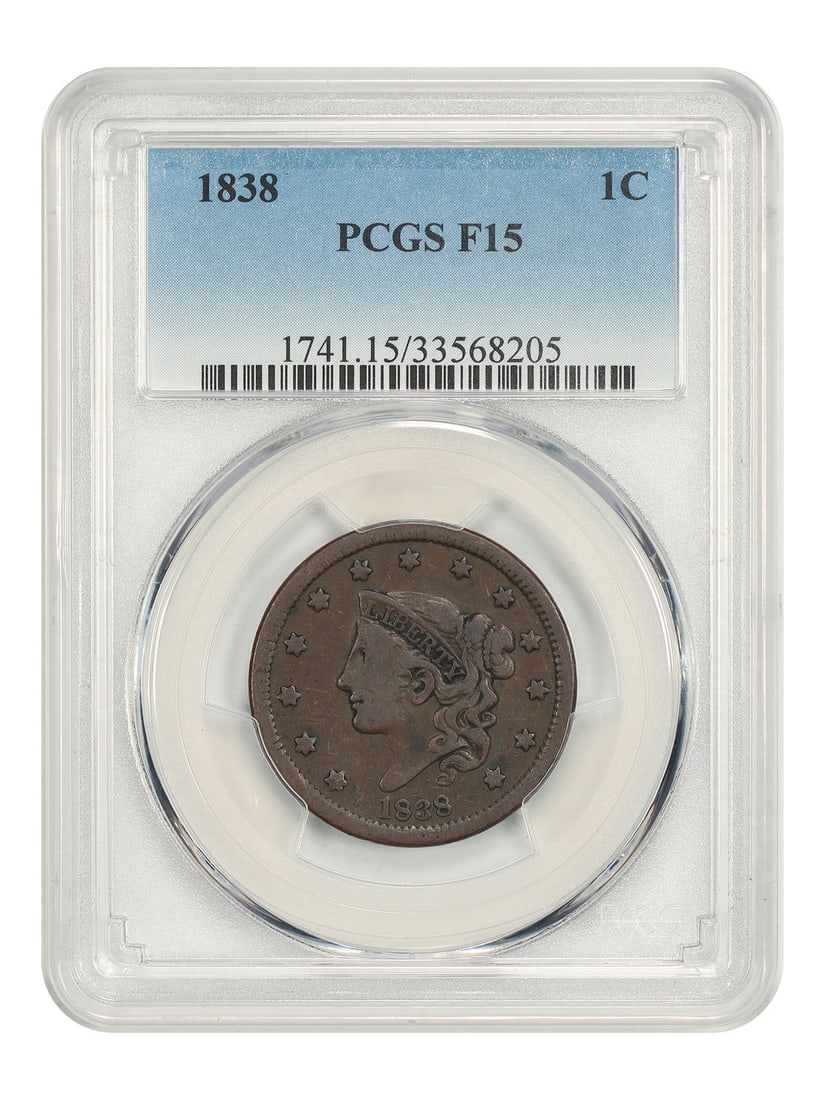 1838 Coronet Head Cent 1C PCGS F15 BN: 1838 Coronet Head Cent 1C PCGS F15 BN An 1838 Coronet Head Cent graded Fine 15 by PCGS. This circulated 1C coin has BN color and was minted in Philadelphia. It is certified by PCGS with certification 