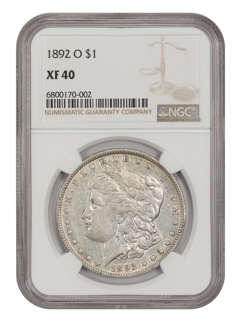NGC XF40 1892 O Morgan Dollar New Orleans Mint $1 Coin: NGC XF40 1892 O Morgan Dollar New Orleans Mint $1 Coin An 1892-O Morgan Dollar certified by NGC with an XF40 grade. This circulated New Orleans Mint issue is noted for its lower mintage and is a desir