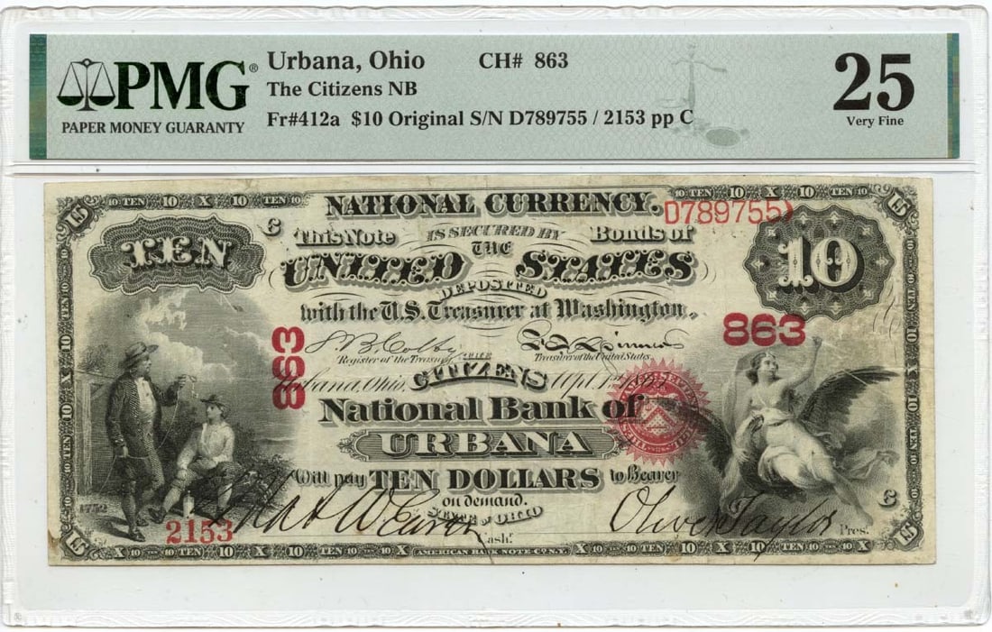 PMG VF25 1865 $10 National Bank Note Urbana Ohio: PMG VF25 1865 $10 National Bank Note Urbana Ohio This 1865 $10 Original National Bank Note from the Citizens National Bank of Urbana, Ohio, is a circulated example graded VF25 by PMG. Issued under FR#