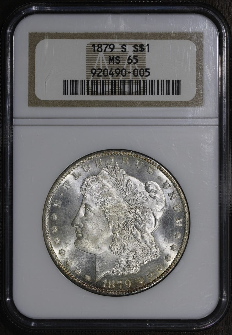 NGC MS65 1879-S Morgan Dollar Silver $1: NGC MS65 1879-S Morgan Dollar Silver $1 An 1879-S Morgan Silver Dollar graded MS65 by NGC. This uncirculated United States coin has a $1 denomination, is composed of silver with 0.9 fineness, and was 