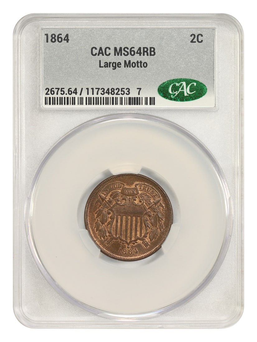 1864 Large Motto Two Cent 2C CACG MS64RB First Year Issue: 1864 Large Motto Two Cent 2C CACG MS64RB First Year Issue 1864 Two Cent coin, first year of issue, with Large Motto. It is certified by CACG and graded MS64RB. The coin is from Philadelphia and is des