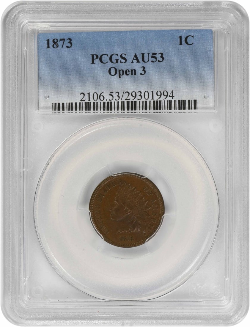 PCGS AU53 1873 Indian Head Cent Open 3 Philadelphia Mint: PCGS AU53 1873 Indian Head Cent Open 3 Philadelphia Mint This 1873 Indian Head Cent features the Open 3 variety, graded AU53 by PCGS. Struck at the Philadelphia Mint, this circulated coin is composed 