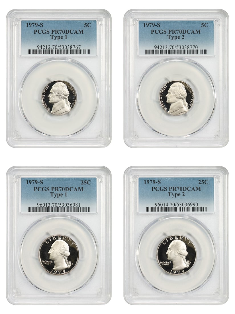 4 Coin PCGS PR70DCAM 1979-S 5C and 25C Type Set: 4 Coin PCGS PR70DCAM 1979-S 5C and 25C Type Set This lot includes four 1979-S PCGS PR70DCAM coins from the Jefferson Nickel series, consisting of 5C Type 1, 5C Type 2, 25C Type 1, and 25C Type 2. The 