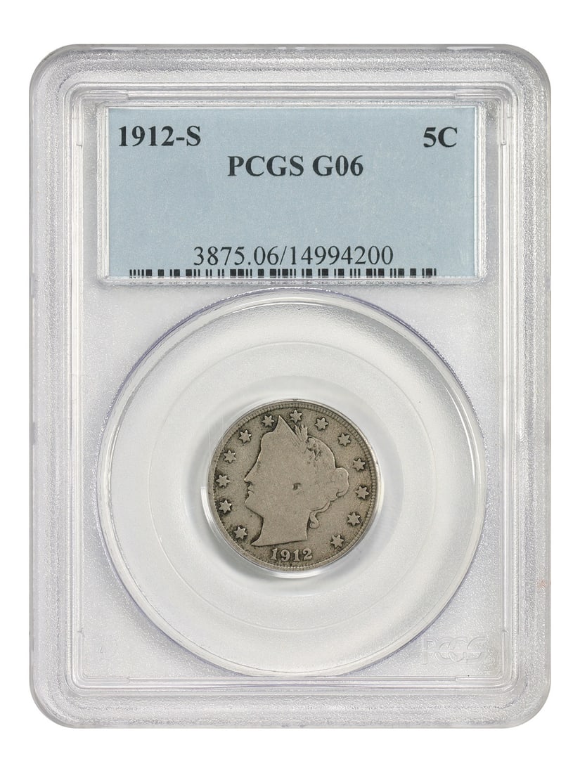 PCGS Good 06 1912-S Liberty Nickel 5C San Francisco: PCGS Good 06 1912-S Liberty Nickel 5C San Francisco 1912-S Liberty Nickel, denomination 5C, struck in San Francisco. The coin is circulated, certified by PCGS, and labeled Good 06. Pre-owned condition