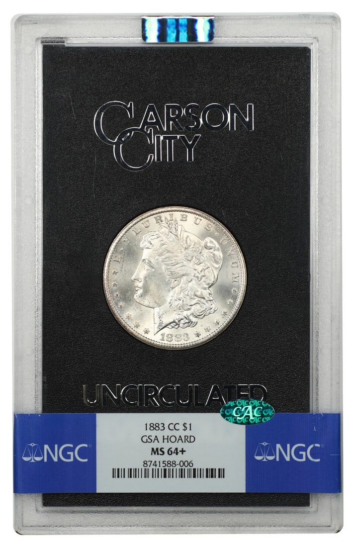 1883 Carson City Morgan Dollar $1 NGC MS64+ CAC GSA Holder: 1883 Carson City Morgan Dollar $1 NGC MS64+ CAC GSA Holder An 1883-CC Morgan Dollar $1 certified by NGC and endorsed by CAC, graded MS64+. This original CC-Mint GSA example is housed in its original h