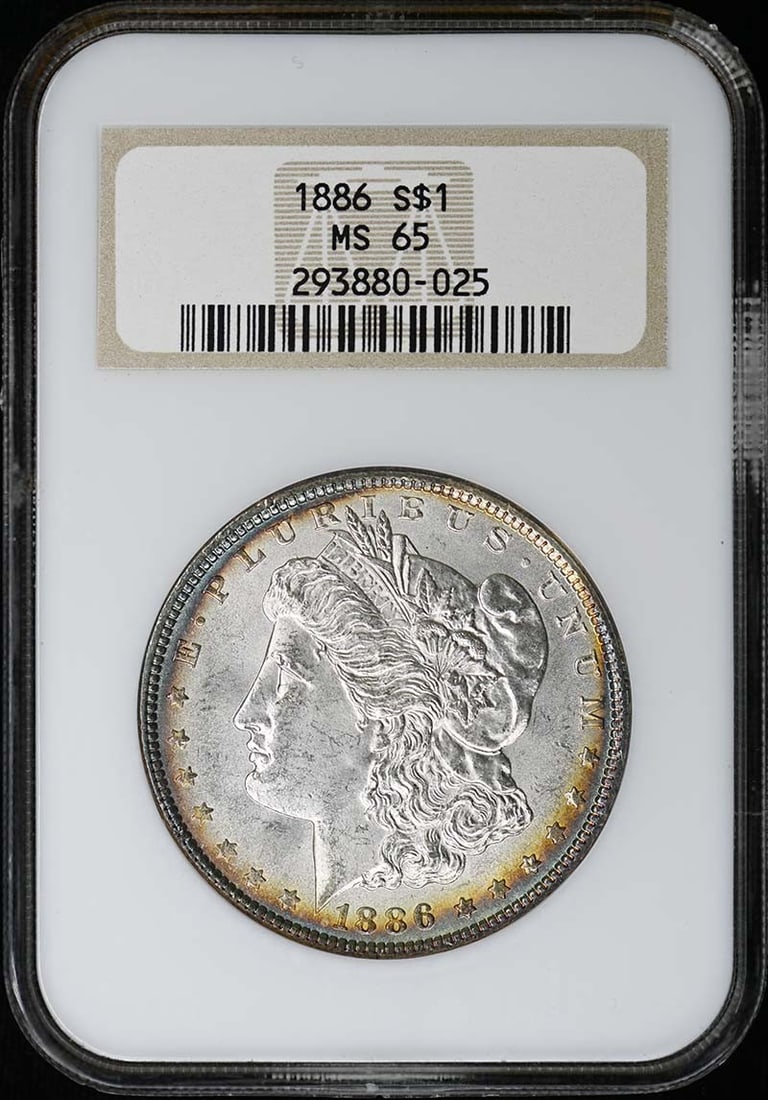 NGC MS65 1886 Morgan Silver Dollar Philadelphia: NGC MS65 1886 Morgan Silver Dollar Philadelphia This 1886 Morgan Dollar is an uncirculated coin graded MS65 by NGC. Minted in Philadelphia, it features the classic Morgan Dollar design and is certifie