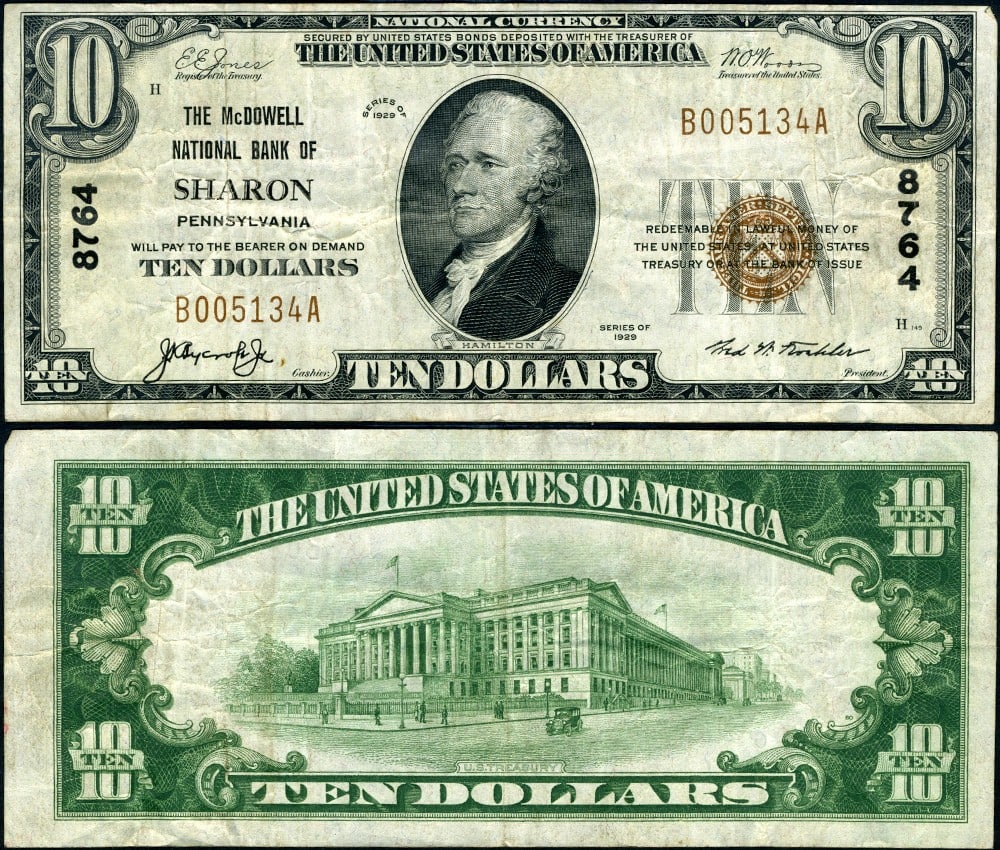 1929 T-1 $10 National Bank Note Sharon PA Ch #8764 McDowell VF (1 of 3)