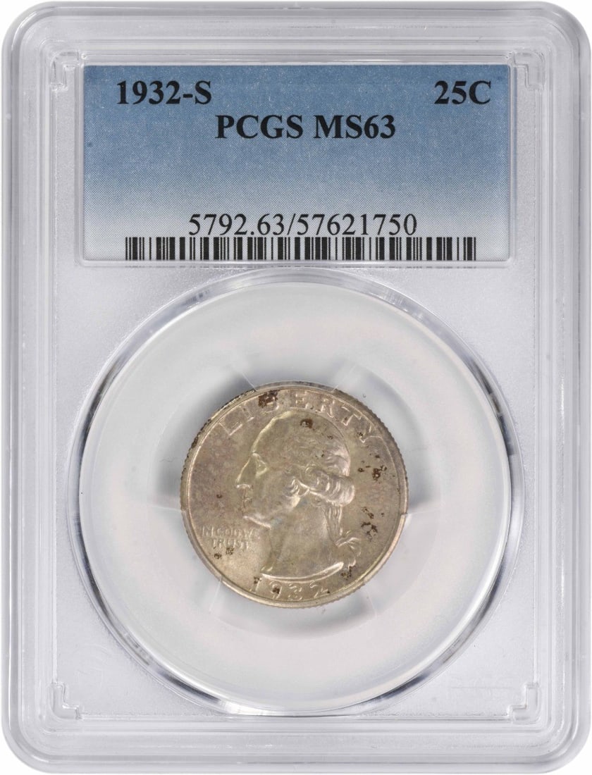 1932-S Washington Silver Quarter MS63 PCGS Uncirculated Rare Coin: 1932-S Washington Silver Quarter MS63 PCGS Uncirculated Rare Coin This 1932-S Washington Silver Quarter is graded MS63 by PCGS, showcasing its uncirculated condition. Minted in San Francisco, this coi