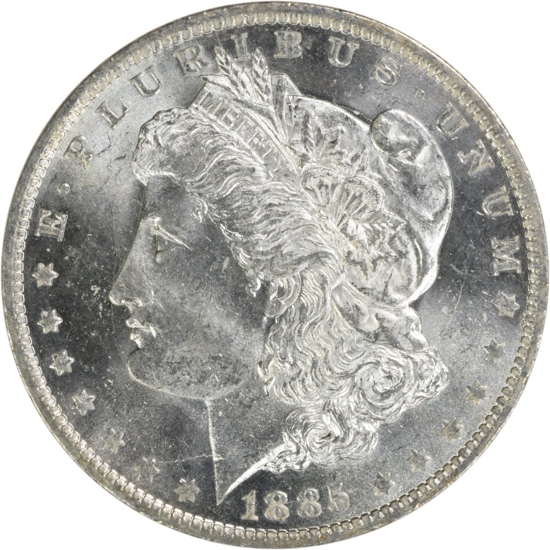 Choice BU 1885 O Silver Morgan Dollar Uncertified US Coin: Choice BU 1885 O Silver Morgan Dollar Uncertified US Coin This is an 1885-O Morgan Silver Dollar, graded as Choice Brilliant Uncirculated. The coin is uncertified and features a composition of silver.
