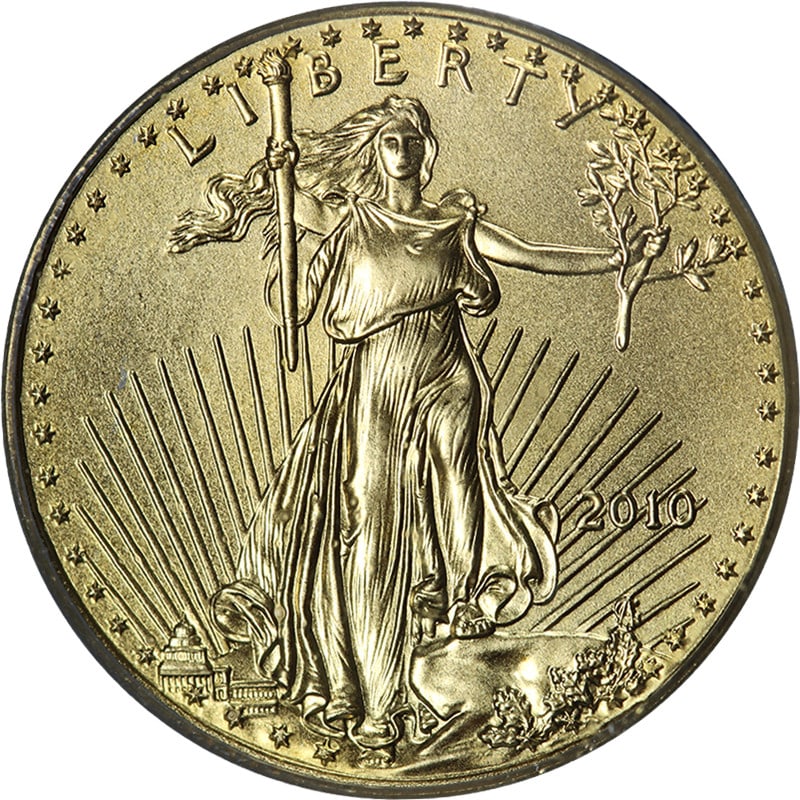 2010 $5 Gold American Eagle PCGS MS70 First Strike Coin: 2010 $5 Gold American Eagle PCGS MS70 First Strike Coin 2010 Gold American Eagle $5 coin graded PCGS MS70 First Strike. This uncirculated gold coin has superb eye appeal with fantastic luster and a st