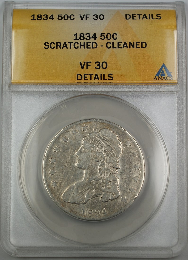 ANACS Certified 1834 Capped Bust Silver Half Dollar VF-30 Small Date Letters: ANACS Certified 1834 Capped Bust Silver Half Dollar VF-30 Small Date Letters This is an 1834 Capped Bust Silver Half Dollar graded VF-30 Details by ANACS. The coin features a Small Date and Small Lett