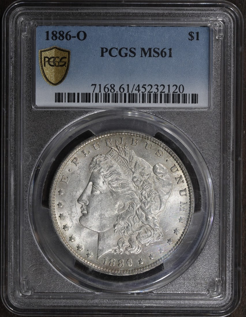 PCGS MS61 1886 O Morgan Silver Dollar Key Date: PCGS MS61 1886 O Morgan Silver Dollar Key Date This 1886-O Morgan Silver Dollar is an uncirculated coin graded MS61 by PCGS. Minted in New Orleans, it is composed of 90% silver and represents a key da