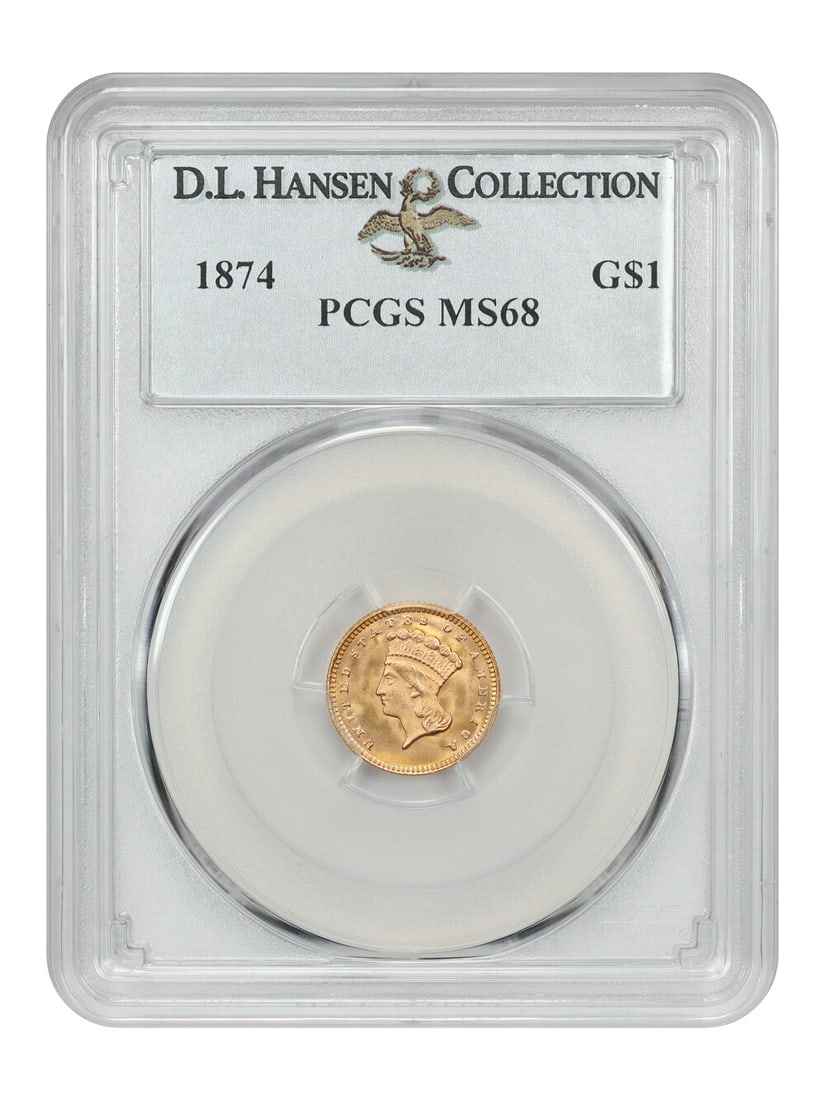 1874 Gold Dollar G$1 PCGS MS68 D.L. Hansen Certified Coin: 1874 Gold Dollar G$1 PCGS MS68 D.L. Hansen Certified Coin This 1874 G$1 Gold Dollar coin is certified by PCGS with a remarkable grade of MS68, making it an outstanding collectible for numismatists. St
