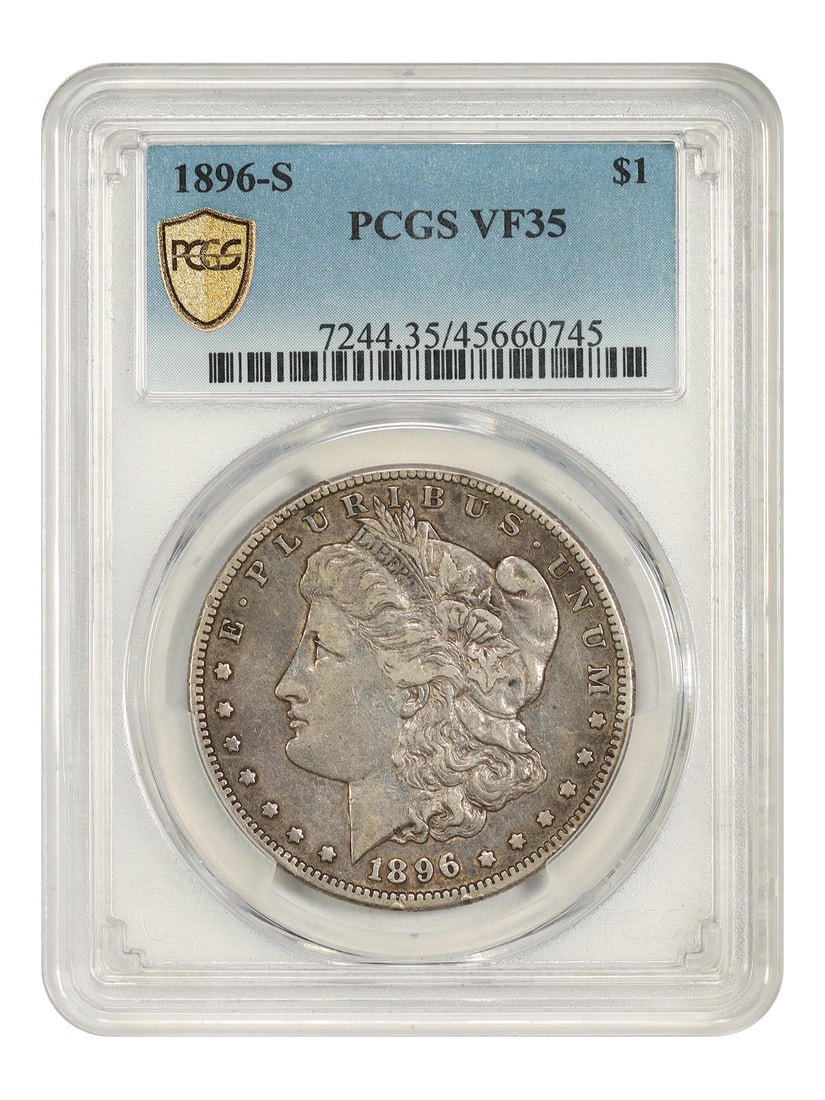 PCGS VF35 1896-S Morgan Dollar San Francisco $1: PCGS VF35 1896-S Morgan Dollar San Francisco $1 1896-S Morgan Dollar $1 certified by PCGS and graded VF35. This circulated coin is from the San Francisco Mint and is noted as a tough S-mint date in th