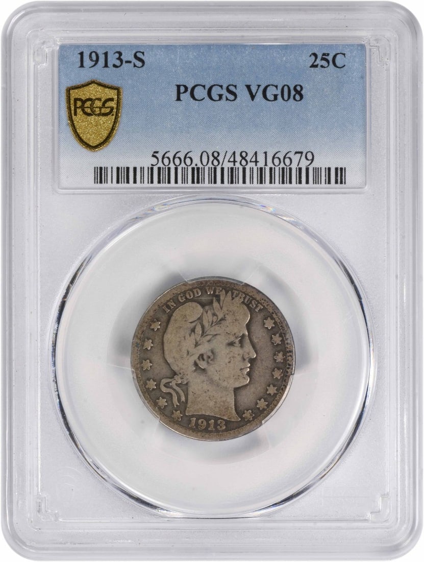 1913-S Barber Quarter 25C VG08 PCGS Certified Silver Coin: 1913-S Barber Quarter 25C VG08 PCGS Certified Silver Coin This 1913-S Barber Silver Quarter, graded VG08 by PCGS, is a notable piece for collectors. Struck in San Francisco, this coin features a compo
