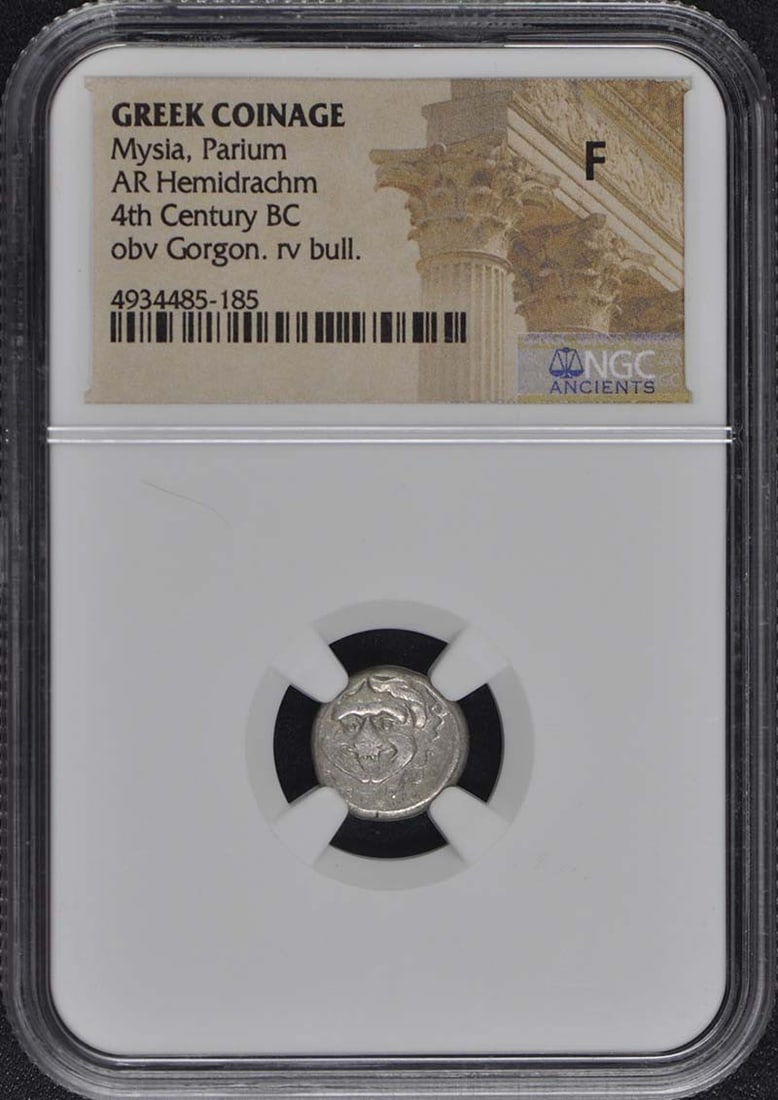 4th Century BC Mysia Parium AR Hemidrachm Coin NGC F15: 4th Century BC Mysia Parium AR Hemidrachm Coin NGC F15 This ancient Greek coin is a 4th Century BC Mysia Parium AR Hemidrachm, certified by NGC with a grade of F15. The coin is recognized for its hist