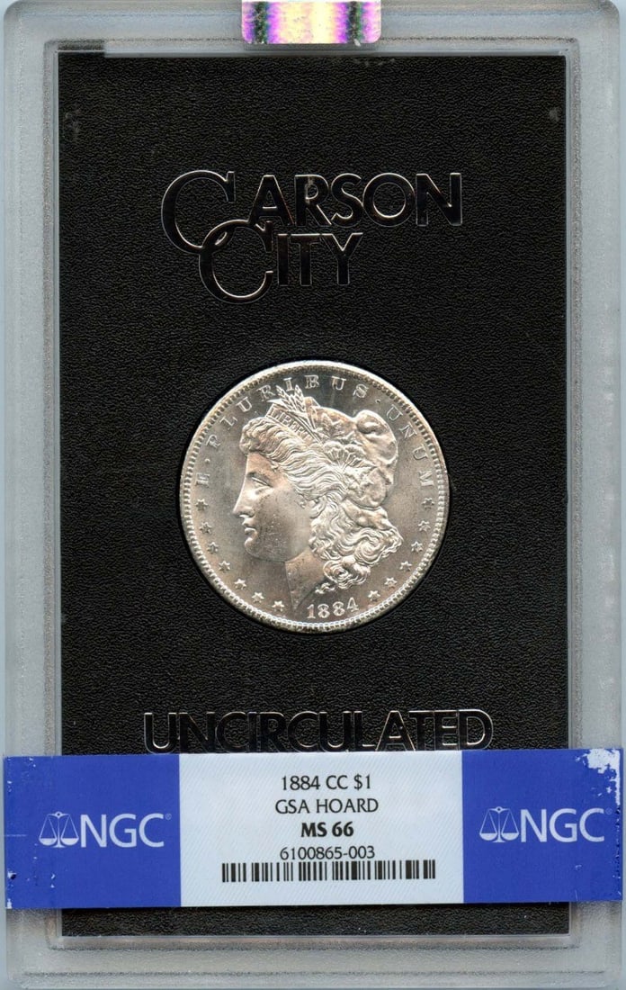 NGC MS66 1884 Carson City Morgan Silver Dollar GSA Hoard: NGC MS66 1884 Carson City Morgan Silver Dollar GSA Hoard This 1884-CC Morgan Dollar is part of the GSA Hoard and has been graded MS66 by NGC. Struck at the Carson City Mint, this uncirculated silver d