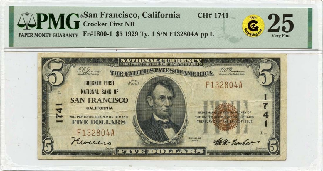 1929 $5 Crocker 1st NB San Francisco PMG VF25 CH#1741 Currency Note: 1929 $5 Crocker 1st NB San Francisco PMG VF25 CH#1741 Currency Note This 1929 $5 note from Crocker, featuring the 1st National Bank of San Francisco, is a fine example for collectors. Graded VF25 by P