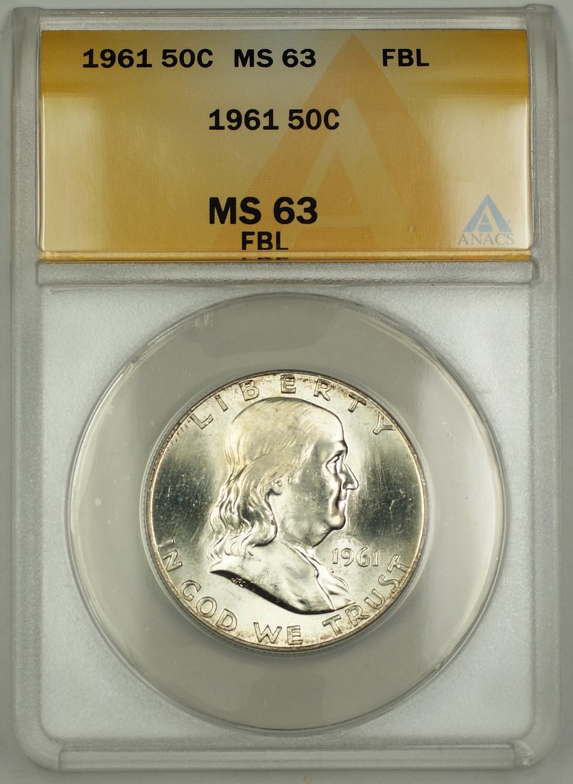 ANACS MS-63 1961 Franklin Half Dollar Silver Coin Full Bell Lines: ANACS MS-63 1961 Franklin Half Dollar Silver Coin Full Bell Lines This is a 1961 Franklin Silver Half Dollar 50 cent coin, certified by ANACS with a grade of MS-63. The coin features Full Bell Lines, 