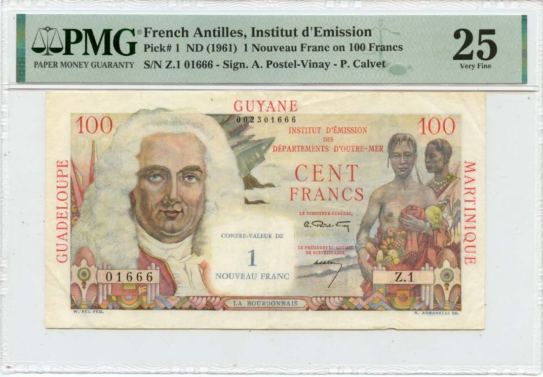 1961 ND 1 Nouveau Franc 100 Francs French Antilles PMG VF25: 1961 ND 1 Nouveau Franc 100 Francs French Antilles PMG VF25 This 1961 1 Nouveau Franc on 100 Francs from the French Antilles is a notable collectible. Certified by PMG with a grade of VF25, this bankn