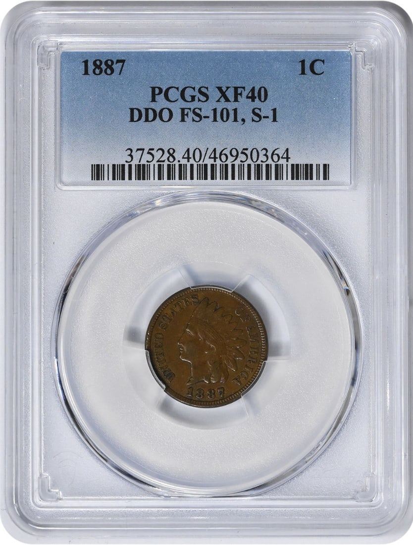 1887 Indian Head Copper Cent PCGS EF40 DDO FS-101 S-1: 1887 Indian Head Copper Cent PCGS EF40 DDO FS-101 S-1 This 1887 Indian Head Cent features the DDO FS-101 S-1 variety and has been graded EF40 by PCGS. Struck in copper, this circulated coin represents