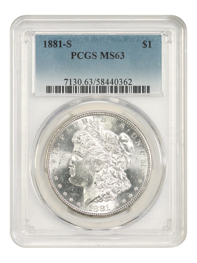 PCGS MS63 1881-S Morgan Silver Dollar $1: PCGS MS63 1881-S Morgan Silver Dollar $1 1881-S Morgan Dollar graded PCGS MS63. This uncirculated $1 coin was minted in San Francisco and is certified by PCGS with certification number 58440362. Condi