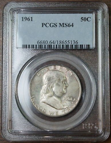 PCGS MS-64 1961 Franklin Silver Half Dollar Philadelphia Light Toning: PCGS MS-64 1961 Franklin Silver Half Dollar Philadelphia Light Toning This 1961 Franklin Silver Half Dollar is certified by PCGS with a grade of MS-64. The coin is lightly toned and uncirculated, mint