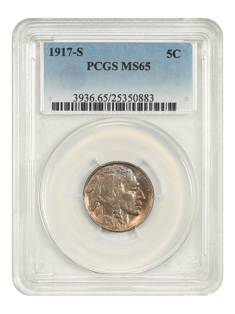PCGS MS65 1917 S Buffalo Nickel 5C San Francisco Mint: PCGS MS65 1917 S Buffalo Nickel 5C San Francisco Mint 1917-S Buffalo Nickel certified by PCGS in MS65 grade. This uncirculated San Francisco issue is a better-date example with bright, slick luster an
