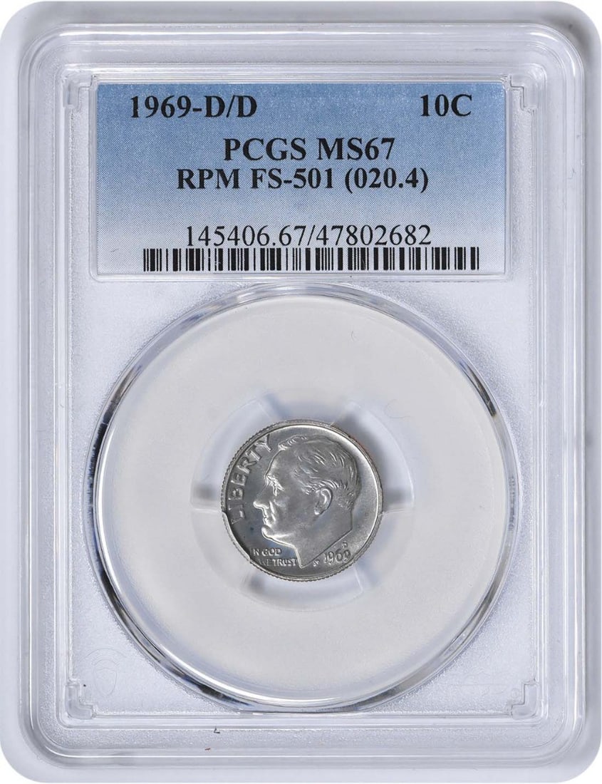 1969-D/D Roosevelt Dime MS67 PCGS Denver Mint Uncirculated: 1969-D/D Roosevelt Dime MS67 PCGS Denver Mint Uncirculated This 1969-D/D Roosevelt Dime is a remarkable piece certified by PCGS with a high grade of MS67, indicating its uncirculated condition. Minted
