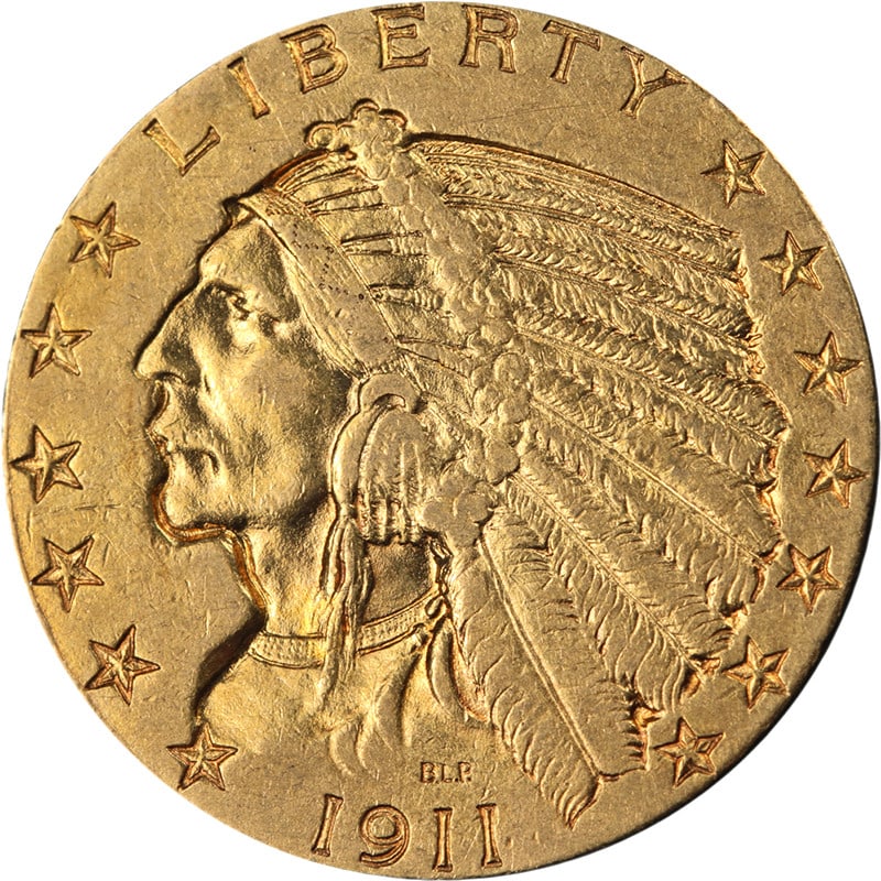 1911 Indian Head $5 Gold Coin XF AU Philadelphia Mint: 1911 Indian Head $5 Gold Coin XF AU Philadelphia Mint This 1911-P Indian Gold $5 coin features attractive eye appeal with notable luster, strong strike, and pleasing color. The coin is graded XF/AU an