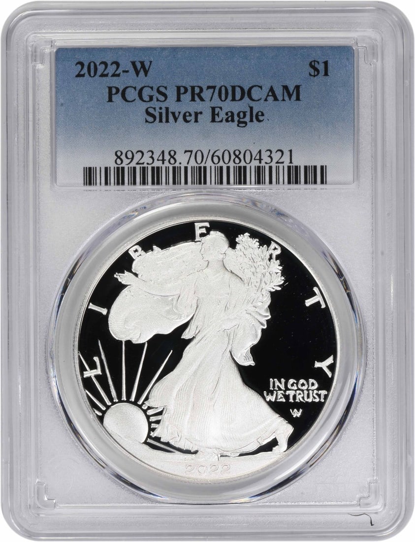 PR70 Proof 2022-W American Eagle Silver Dollar Certified by PCGS: PR70 Proof 2022-W American Eagle Silver Dollar Certified by PCGS This 2022-W $1 American Silver Eagle is a proof coin certified by PCGS with a grade of PR70DCAM, indicating a flawless condition. Struc