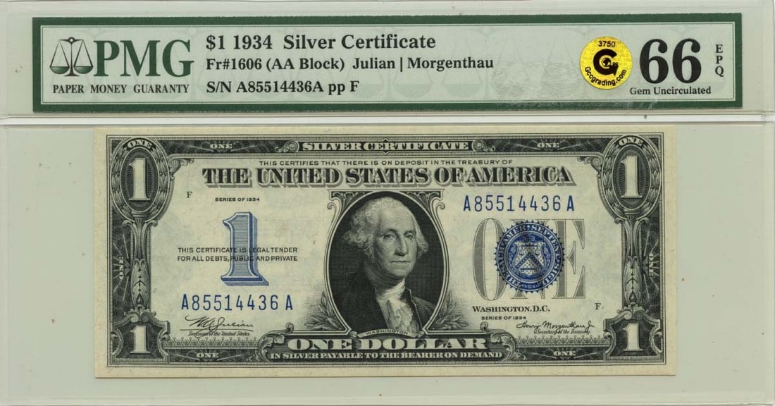 PMG Gem 66 EPQ 1934 $1 Silver Certificate FR#1606: PMG Gem 66 EPQ 1934 $1 Silver Certificate FR#1606 This is a 1934 $1 Silver Certificate from the United States, graded MS66 by PMG. The note is uncirculated and comes with PMG certification, ensuring i