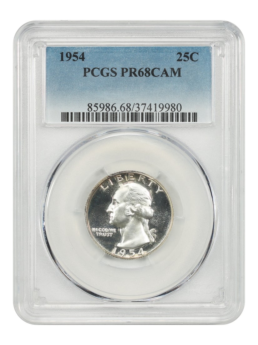 PCGS PR68CAM 1954 Washington Quarter 25C: PCGS PR68CAM 1954 Washington Quarter 25C 1954 Washington Quarter, denomination 25C, struck in Philadelphia and certified by PCGS as PR68CAM. The coin is uncirculated and pre-owned. The original descri