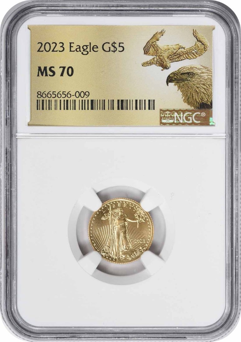 NGC MS70 2023 American Gold Eagle $5 Coin: NGC MS70 2023 American Gold Eagle $5 Coin This 2023 $5 American Gold Eagle coin has been certified by NGC with a grade of MS70, indicating a coin in perfect mint state condition. Struck by the U.S. Mi