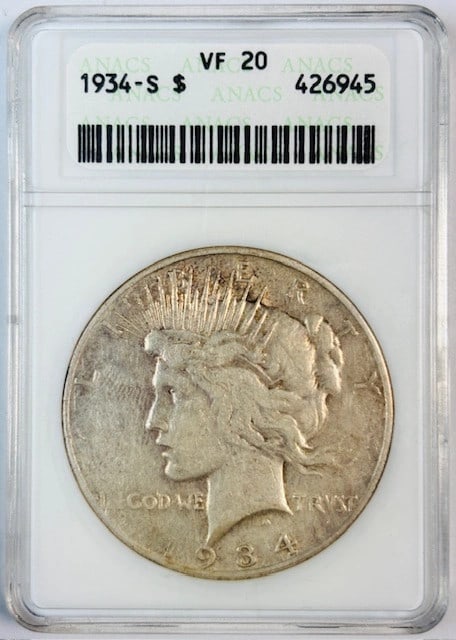 ANACS VF 20 1934 S Silver Peace Dollar: ANACS VF 20 1934 S Silver Peace Dollar This 1934 Peace Dollar is certified by ANACS with a grade of VF 20. Struck in San Francisco, this pre-owned silver dollar is a notable collectible from the Unite