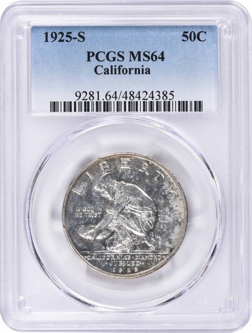 1925-S California Commemorative Half Dollar PCGS MS64: 1925-S California Commemorative Half Dollar PCGS MS64 This is a 1925 California Commemorative Silver Half Dollar, graded MS64 by PCGS. Struck in silver, this uncirculated coin was minted in San Franci