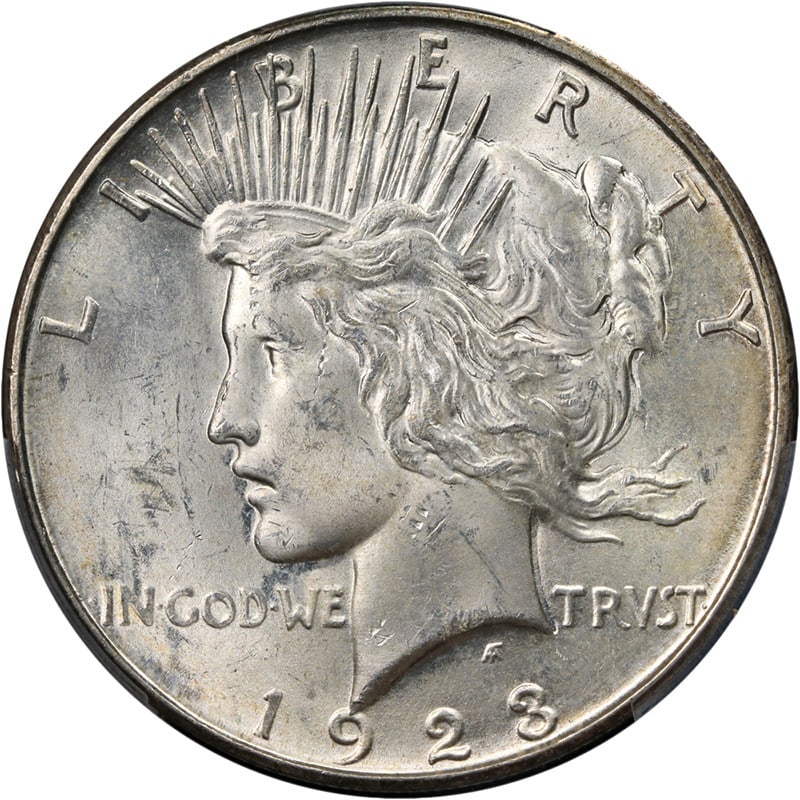 PCGS MS64 1923 D Peace Silver Dollar: PCGS MS64 1923 D Peace Silver Dollar 1923-D Peace Dollar certified by PCGS and graded MS64. This uncirculated silver coin from the United States is described as wonderfully original and undipped, with