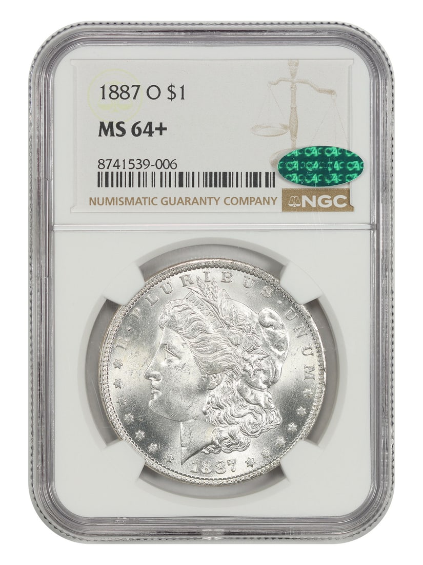 NGC CAC MS64+ 1887-O Morgan Dollar $1 New Orleans Mint: NGC CAC MS64+ 1887-O Morgan Dollar $1 New Orleans Mint 1887-O Morgan Dollar $1 from the New Orleans Mint, certified by NGC and CAC approved. This uncirculated coin is a popular O-mint issue that is st