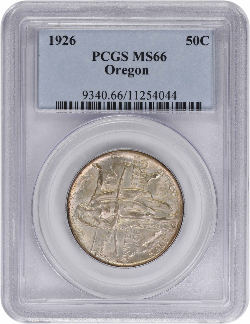 1926 Oregon Half Dollar PCGS MS66 Silver Commemorative Coin: 1926 Oregon Half Dollar PCGS MS66 Silver Commemorative Coin This 1926 Oregon Commemorative Half Dollar features a composition of 90% silver and 10% copper. Graded MS66 by PCGS, it is in uncirculated c