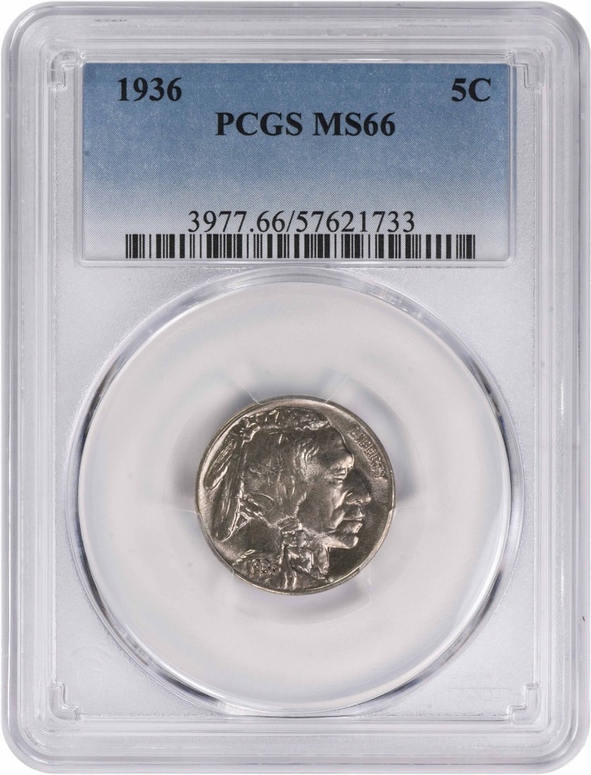 PCGS MS66 1936 Buffalo 5C Nickel: PCGS MS66 1936 Buffalo 5C Nickel This 1936 Buffalo Nickel is graded MS66 by PCGS, indicating its high-quality uncirculated condition. Composed of nickel, this coin was minted in the United States and 