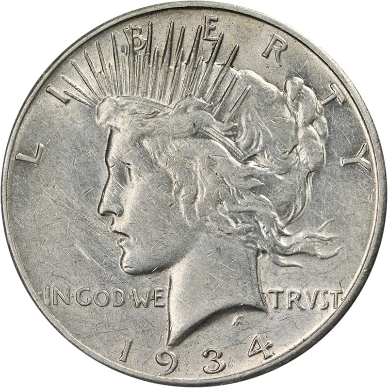 1934 San Francisco Peace Silver Dollar XF to AU Eye Appeal: 1934 San Francisco Peace Silver Dollar XF to AU Eye Appeal This 1934-S Peace Dollar features a nice strike and decent eye appeal, with attractive color and mostly white surfaces. The coin is in circul