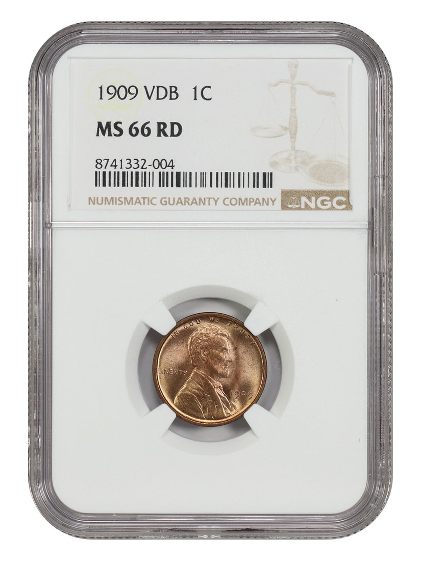 NGC MS66RD 1909 VDB Lincoln Wheat Cent 1C Philadelphia RD: NGC MS66RD 1909 VDB Lincoln Wheat Cent 1C Philadelphia RD 1909 VDB 1C Lincoln Cent (Wheat Reverse), certified by NGC and graded MS66RD. This popular first-year issue features the designer's initials (