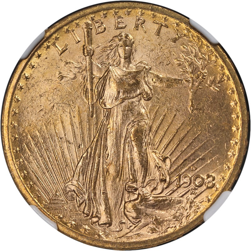 NGC MS63 1908-D Saint-Gaudens Twenty Dollar Gold Coin No Motto: NGC MS63 1908-D Saint-Gaudens Twenty Dollar Gold Coin No Motto This 1908-D Saint-Gaudens Gold $20 coin features the 'No Motto' variety and has been certified by NGC with a grade of MS63. Struck at the