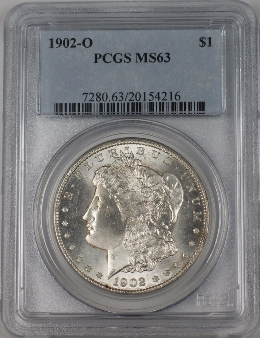 PCGS MS63 1902-O New Orleans Morgan Silver Dollar Uncirculated $1 Coin: PCGS MS63 1902-O New Orleans Morgan Silver Dollar Uncirculated $1 Coin This is a 1902-O Morgan Silver Dollar $1 coin, certified by PCGS with a grade of MS 63. Minted in New Orleans, this uncirculated 