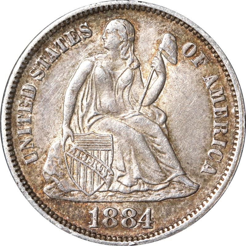 United States 1884 Philadelphia Silver Seated Liberty Dime Coin: United States 1884 Philadelphia Silver Seated Liberty Dime Coin This 1884-P Seated Liberty Dime is a circulated, pre-owned coin from the United States. It is composed of silver with a fineness of 0.9 